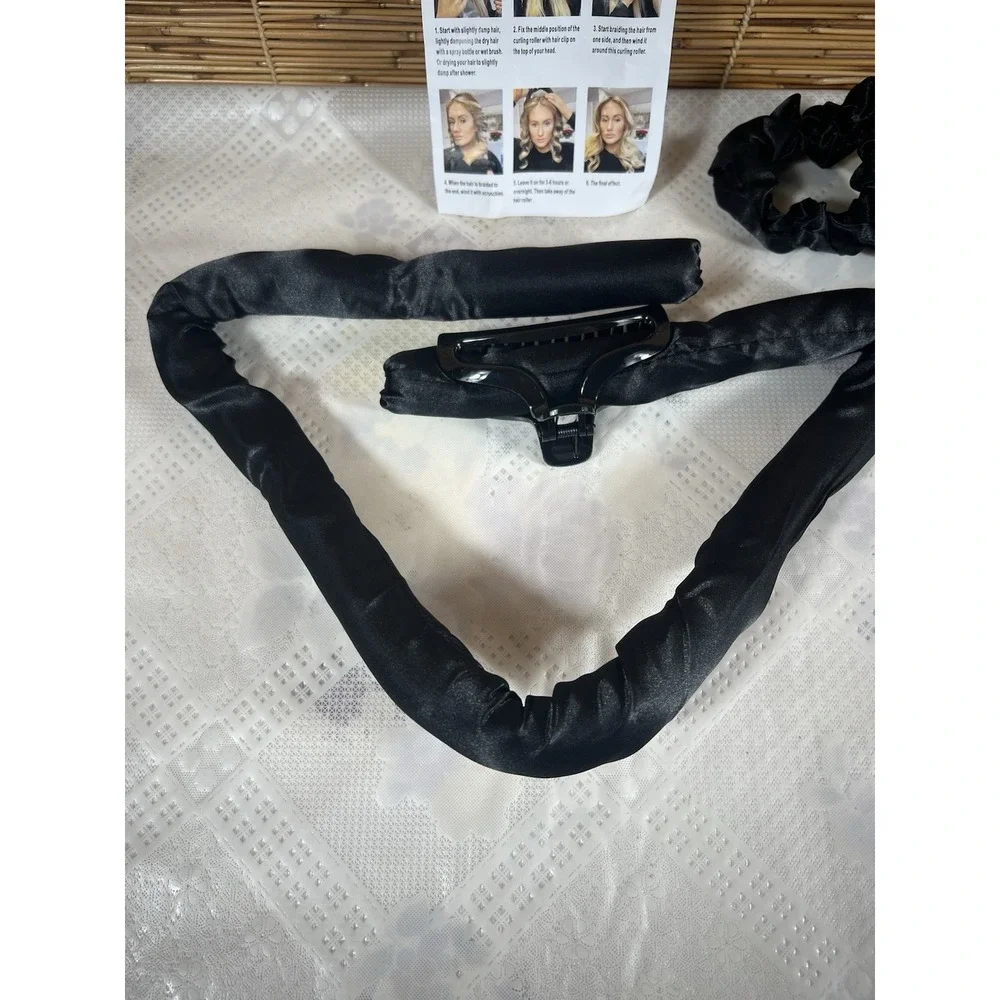 Heatless Black Satin Overnight Curls 4-‎ piece Headband Ribbon Hair Curls Black